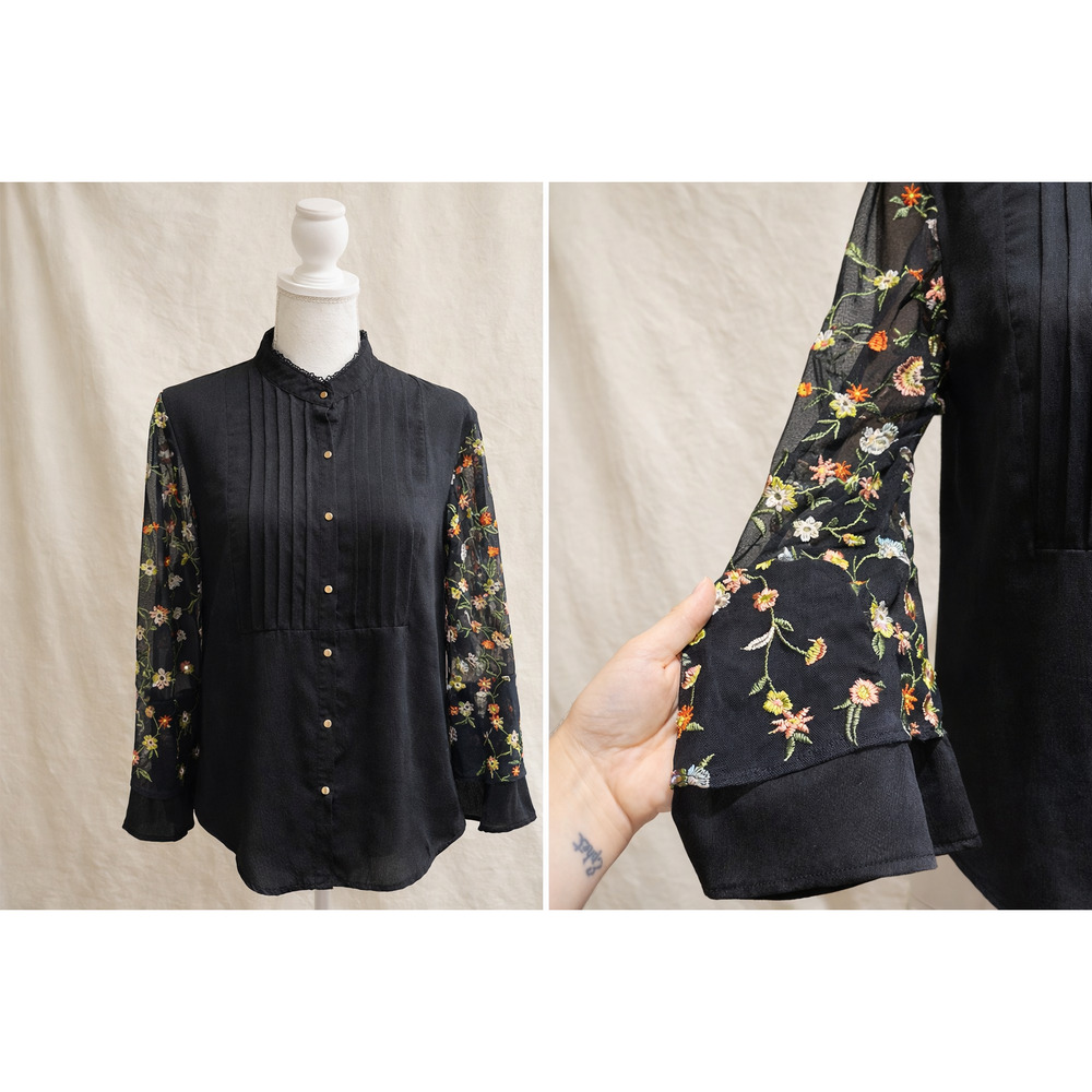 Boho Romantic Floral Sheer Sleeve Vintage Blouse Black Lace Trim Feminine Top S